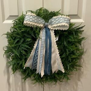 Green Fern Holiday Wreath with Blue & Cream Ribbon Bow